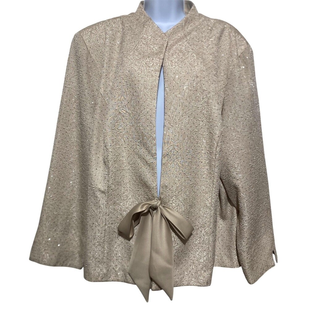 R&M Richards Jacket Womens 24W Champagne Glitter Open Front Tie Waist Evening